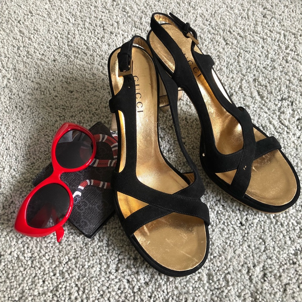 GUCCI black suede gold cut out heels sz8 NWOT
